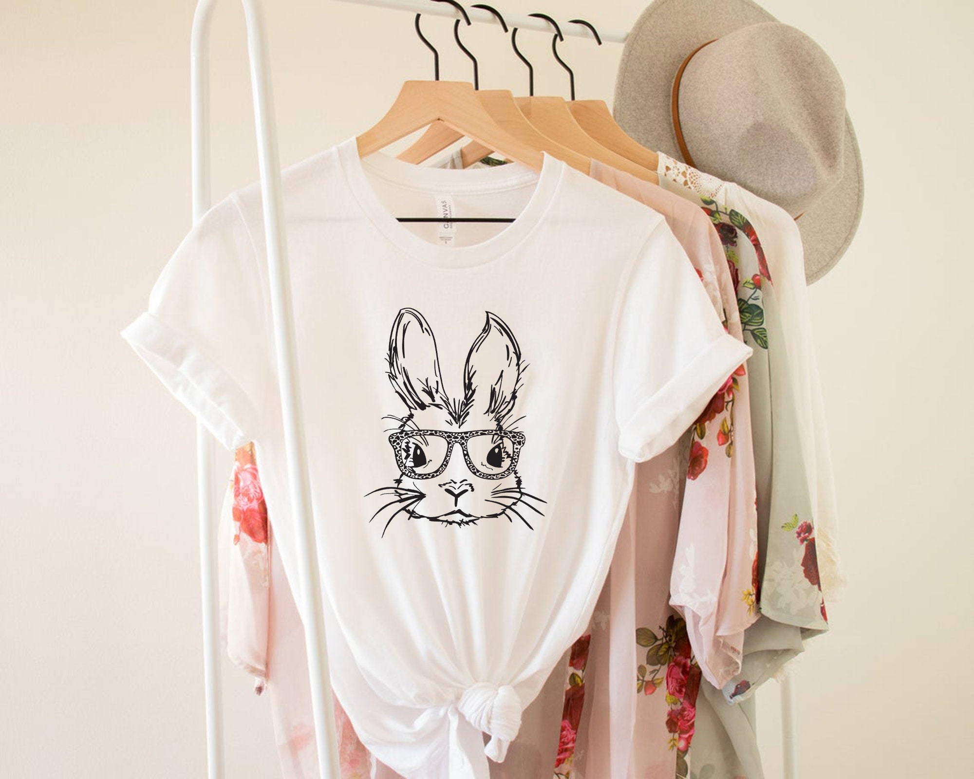 Bunny With Leopard Glasses Shirt, Easter Shirt, Easter Bunny Graphic Tee, Easter Shirts For Women, Ladies Easter Bunny shirt,Kids Easter Tee
