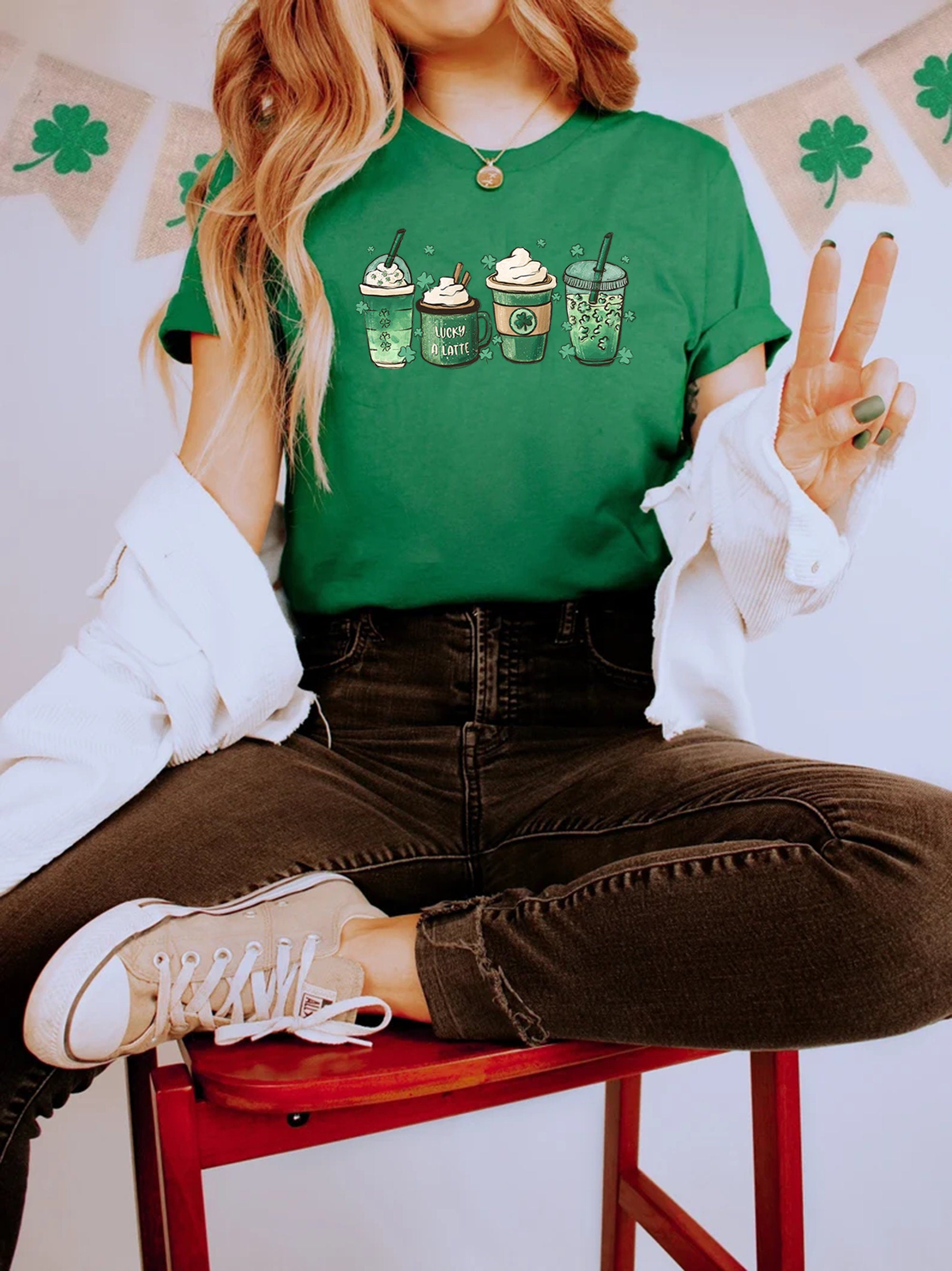 Coffee St Patricks Day shirt, Womens Cute St Patty's Day Shirt, Lucky latte Green Shirt, Irish Shamrock clover shirt, women St Patricks tee