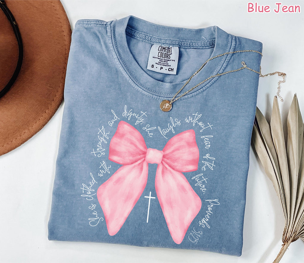 Comfort Colors® Coquette Christian Shirt Bible Verse Pink Bow Shirt Faith Shirt Womens Christian Gifts Religious Women Gift Jesus T-Shirt