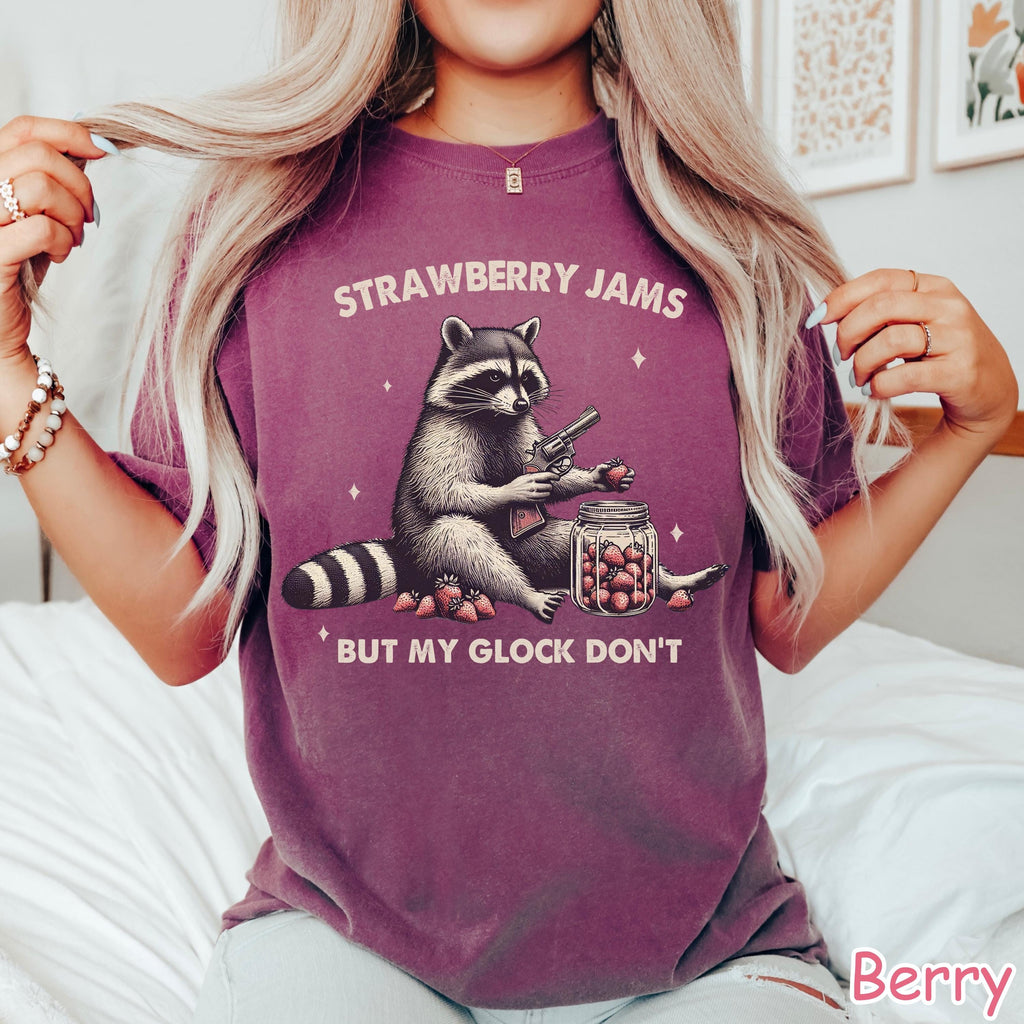 Comfort Colors® Raccoon Shirt, Strawberry Jams But My Glock Don't Raccoon T-Shirt, Funny Raccoon Lover Gift, Funny Meme T-Shirt, Y2K Shirt