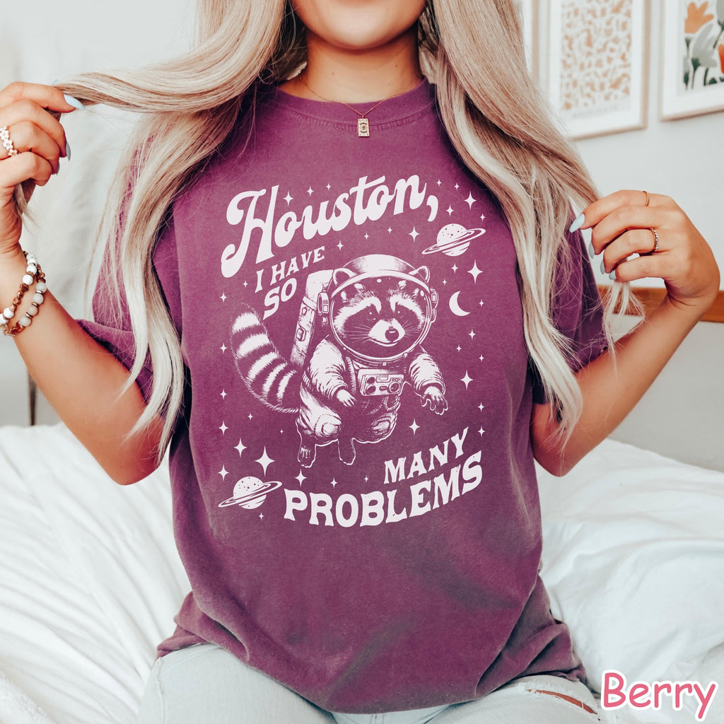Houston I Have So Many Problems Shirt, Raccoon In Space Shirt, Retro 90s Graphic Shirt, Womens Trendy Shirt, Funny Raccoon Shirt, Meme Shirt