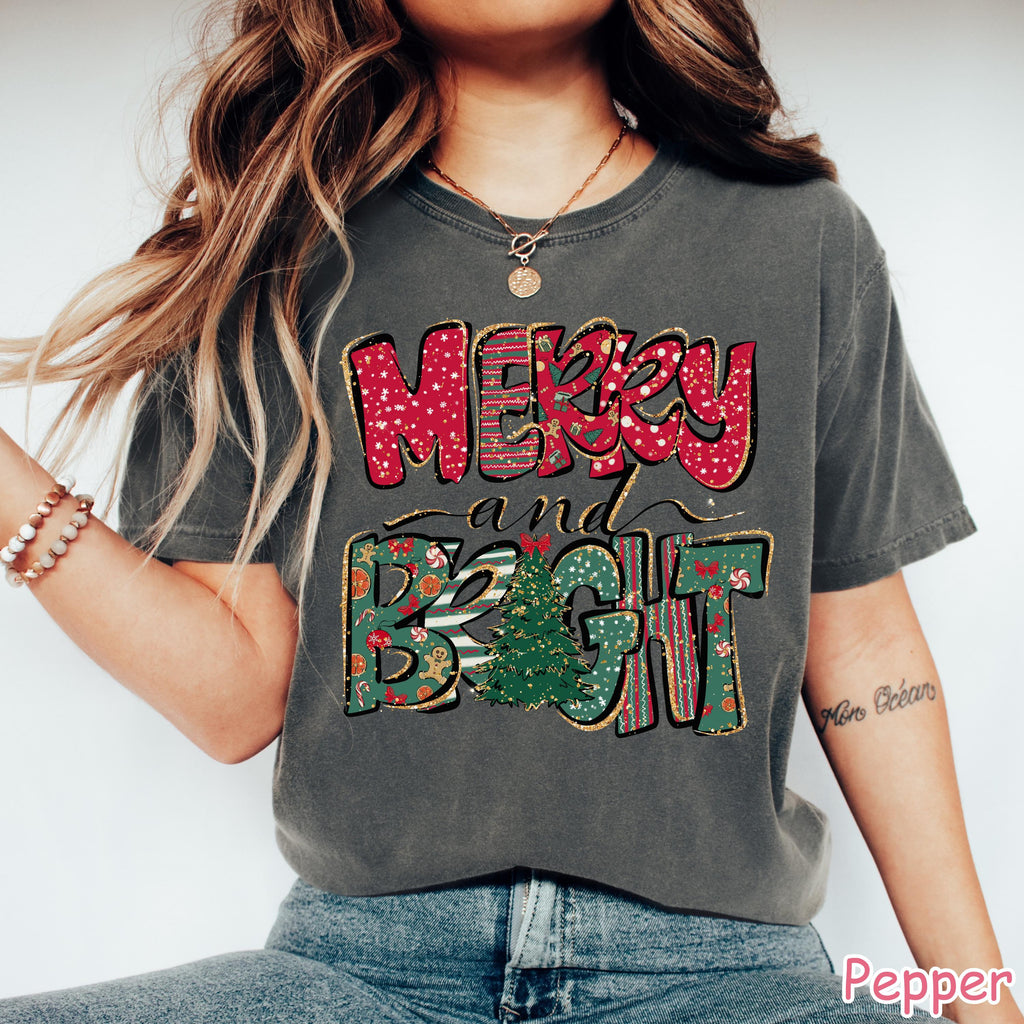 Comfort Colors® Merry and Bright Christmas Shirt Cute Womens Christmas Gift Christmas Tree Shirt Holiday Shirt Family Merry Christmas Shirt