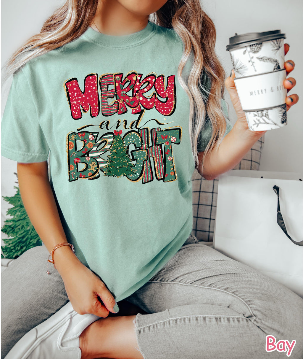 Comfort Colors® Merry and Bright Christmas Shirt Cute Womens Christmas Gift Christmas Tree Shirt Holiday Shirt Family Merry Christmas Shirt