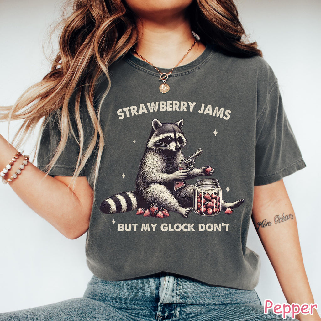 Comfort Colors® Raccoon Shirt, Strawberry Jams But My Glock Don't Raccoon T-Shirt, Funny Raccoon Lover Gift, Funny Meme T-Shirt, Y2K Shirt