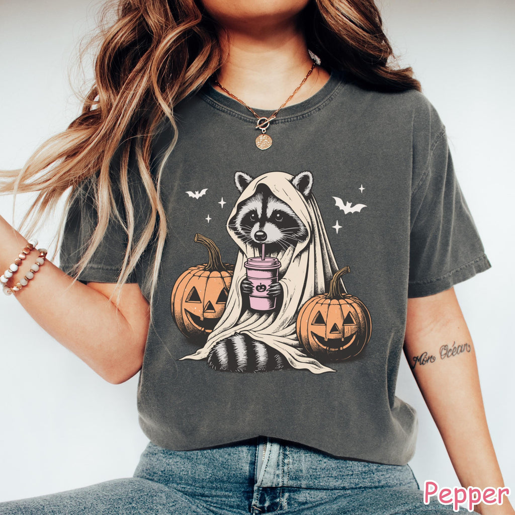 Comfort Colors® Halloween Raccoon Shirt, Cute Ghost Raccoon Shirt Raccoon Pumpkin Spice Tee Funny Spooky Season Shirt Fall Coffee Lover Gift