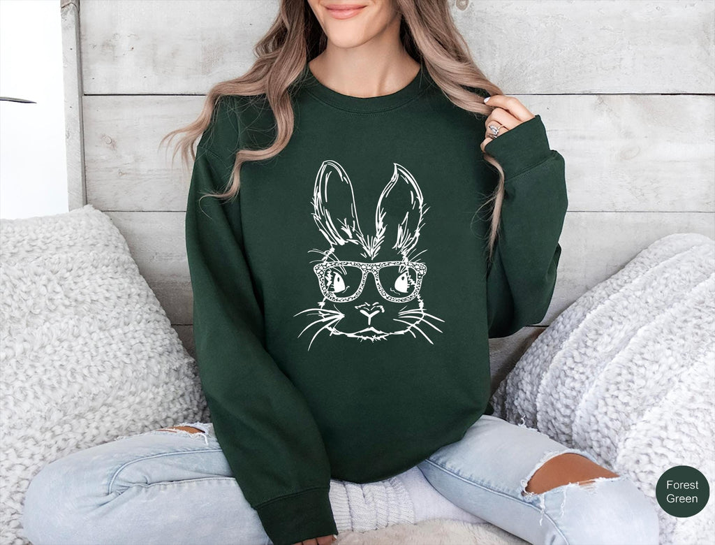 Bunny With Leopard Glasses Shirt, Easter Shirt, Easter Bunny Graphic Tee, Easter Shirts For Women, Ladies Easter Bunny shirt,Kids Easter Tee