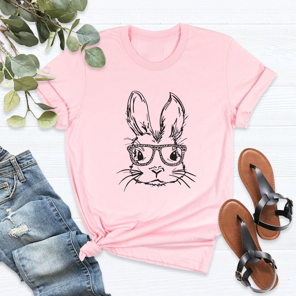 Bunny With Leopard Glasses Shirt, Easter Shirt, Easter Bunny Graphic Tee, Easter Shirts For Women, Ladies Easter Bunny shirt,Kids Easter Tee