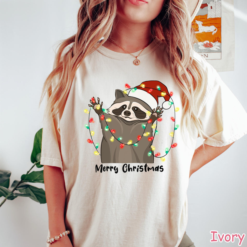 Comfort Colors® Raccoon Christmas Lights Shirt Womens Christmas Shirt Funny Holiday Shirt Retro Raccoon Lover Christmas Gift Merry Christmas