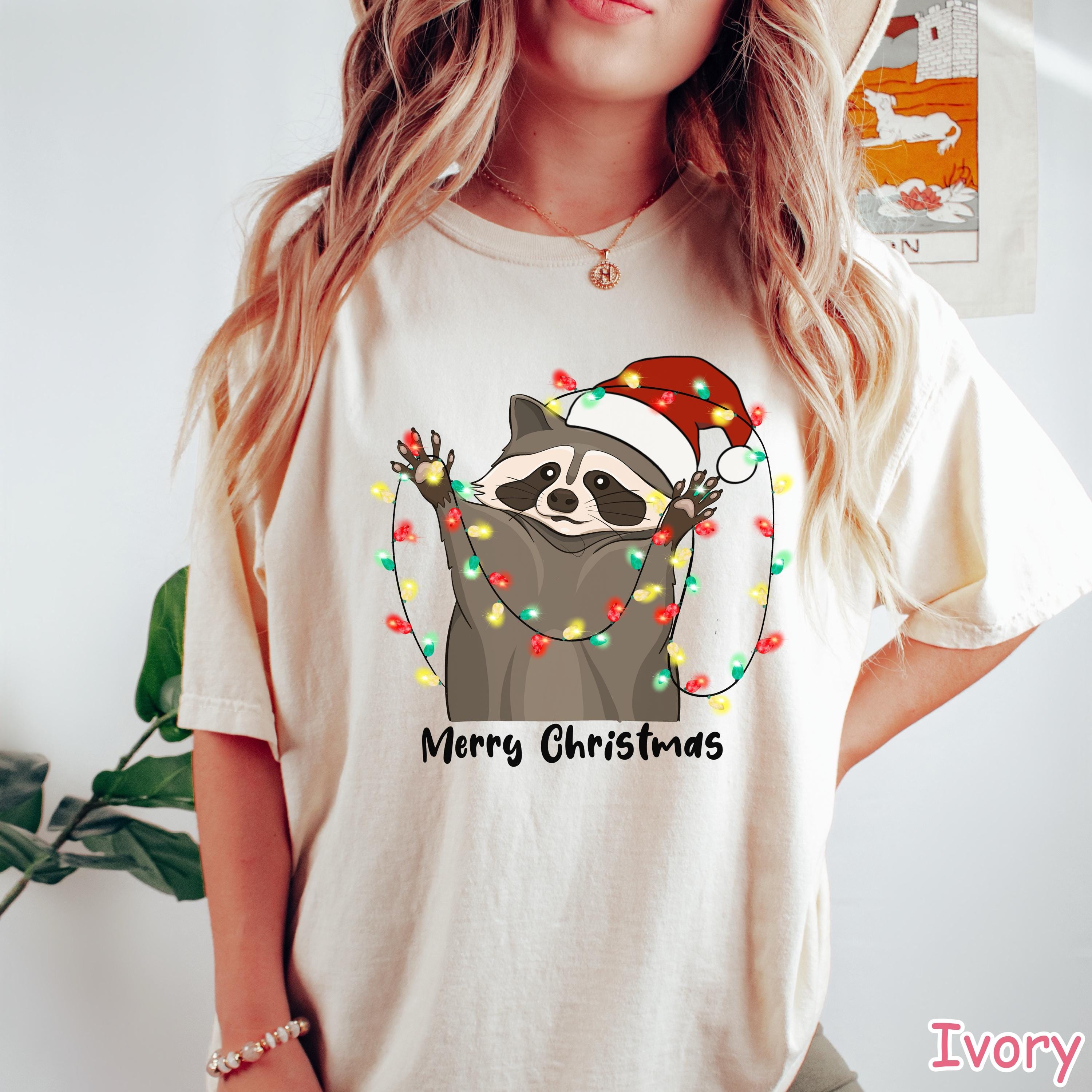 Comfort Colors® Raccoon Christmas Lights Shirt Womens Christmas Shirt Funny Holiday Shirt Retro Raccoon Lover Christmas Gift Merry Christmas