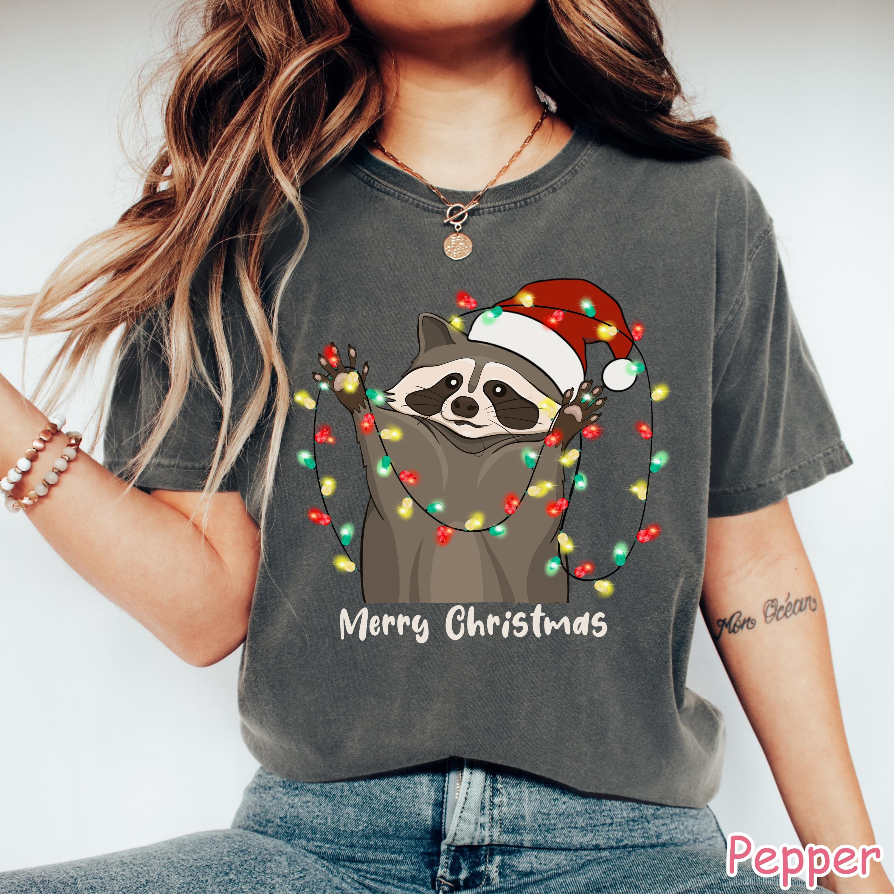 Comfort Colors® Raccoon Christmas Lights Shirt Womens Christmas Shirt Funny Holiday Shirt Retro Raccoon Lover Christmas Gift Merry Christmas