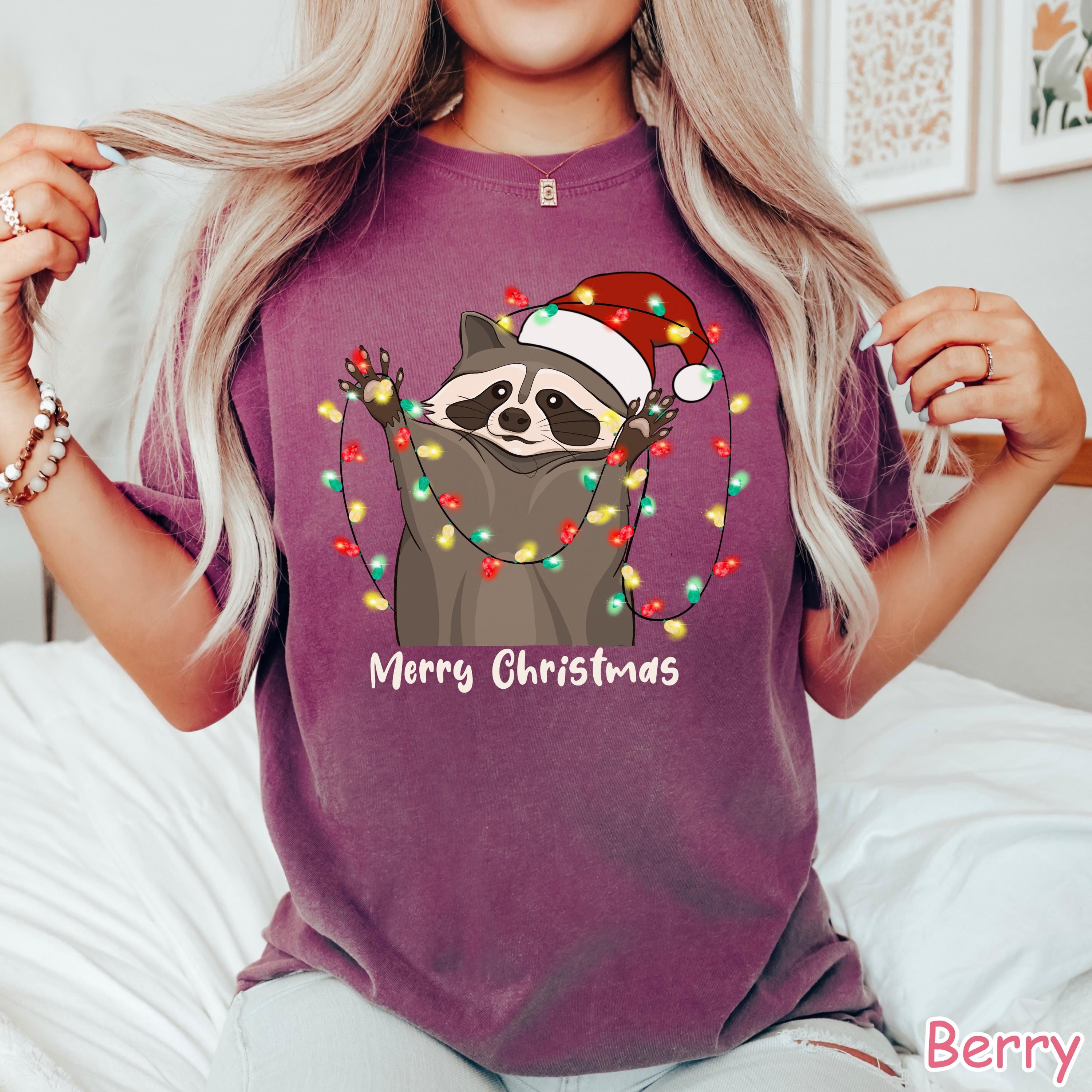 Comfort Colors® Raccoon Christmas Lights Shirt Womens Christmas Shirt Funny Holiday Shirt Retro Raccoon Lover Christmas Gift Merry Christmas