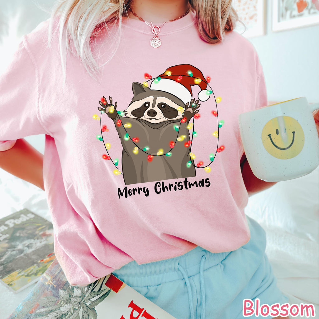 Comfort Colors® Raccoon Christmas Lights Shirt Womens Christmas Shirt Funny Holiday Shirt Retro Raccoon Lover Christmas Gift Merry Christmas