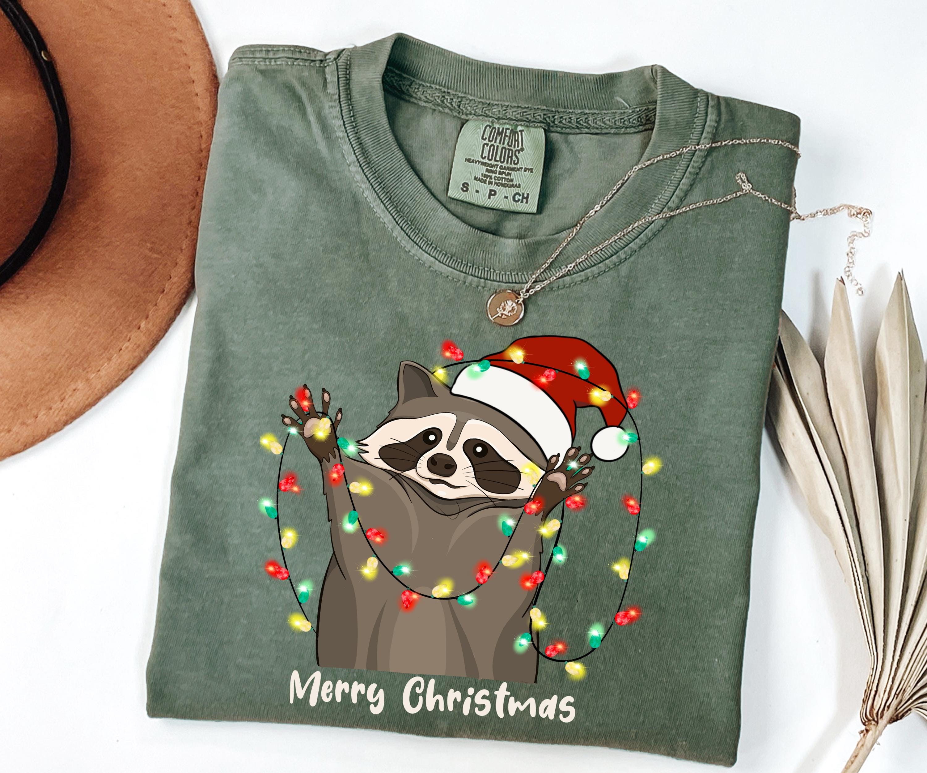 Comfort Colors® Raccoon Christmas Lights Shirt Womens Christmas Shirt Funny Holiday Shirt Retro Raccoon Lover Christmas Gift Merry Christmas