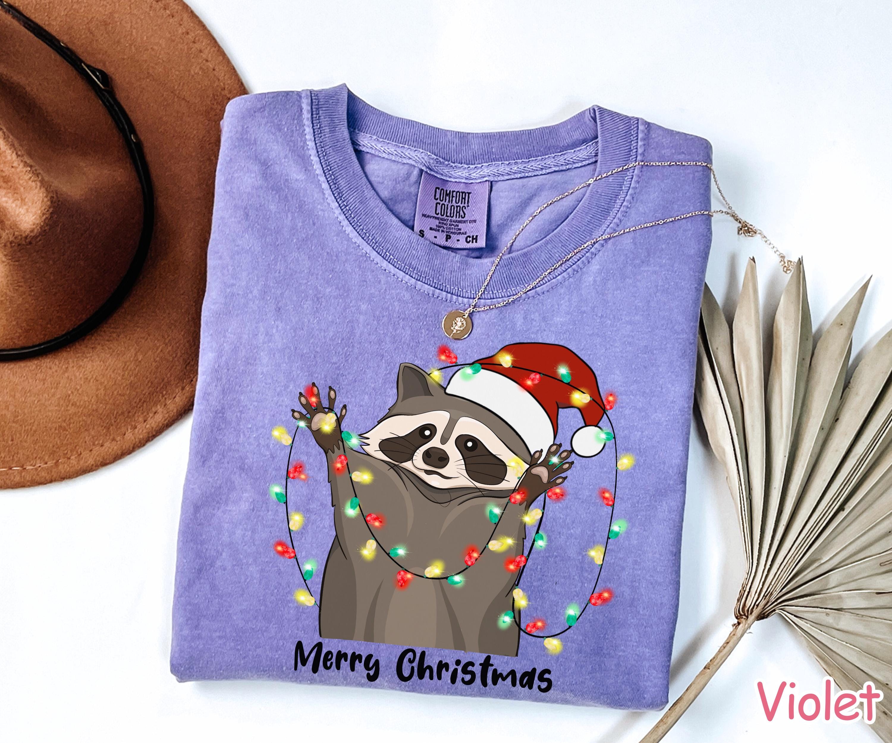 Comfort Colors® Raccoon Christmas Lights Shirt Womens Christmas Shirt Funny Holiday Shirt Retro Raccoon Lover Christmas Gift Merry Christmas