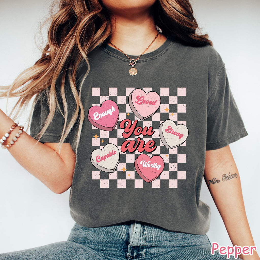 Comfort Colors® Retro Valentines Teacher Shirt Womens Valentines Day Shirt Positive Affirmation Shirt Valentine Gift for Teacher Heart Shirt