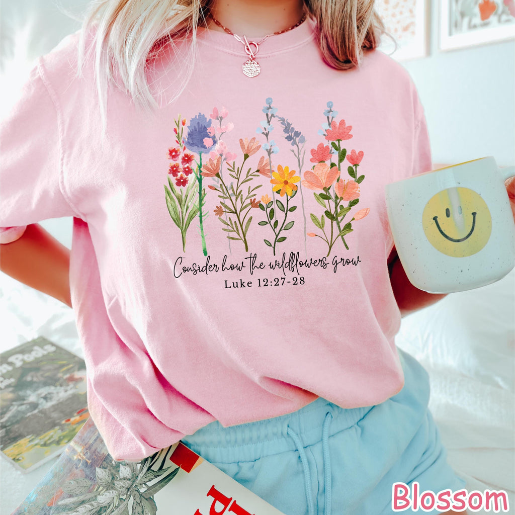 Comfort Colors® Christian Shirt Consider How The Wildflowers Grow Bible Verse Tee Boho Floral Religious Shirt Christian Gifts Faith Apparel