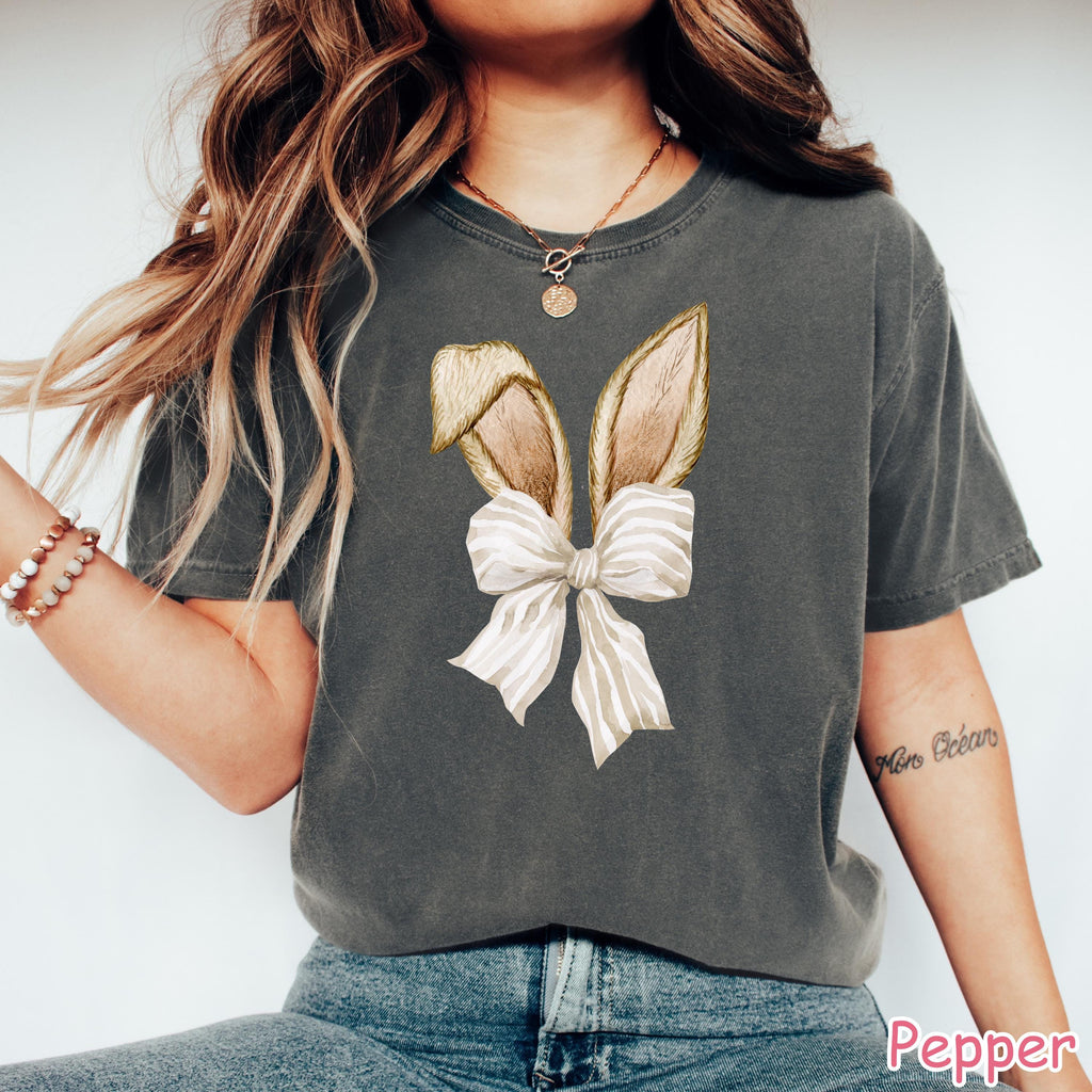 Comfort Colors® Coquette Bow Bunny Shirt, Cute Easter Shirt for Women, Coquette Bow Rabbit Shirt, Happy Easter Day Gift, Retro Easter Shirt