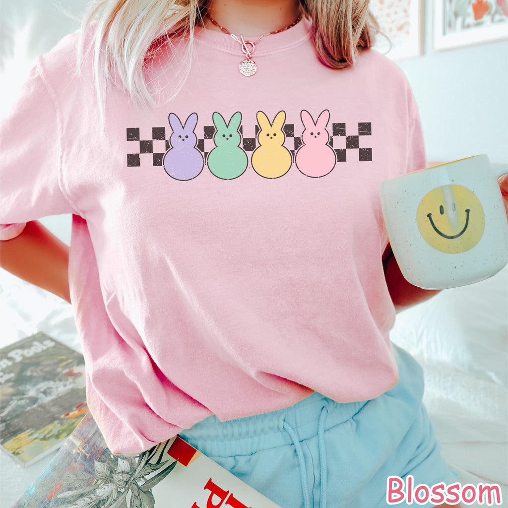 Comfort Colors® Retro Checkered Bunny Peeps Shirt, Womens Easter Bunnies Shirt,  Cute Easter Gift Easter Day Teacher Gift Happy Easter Shirt