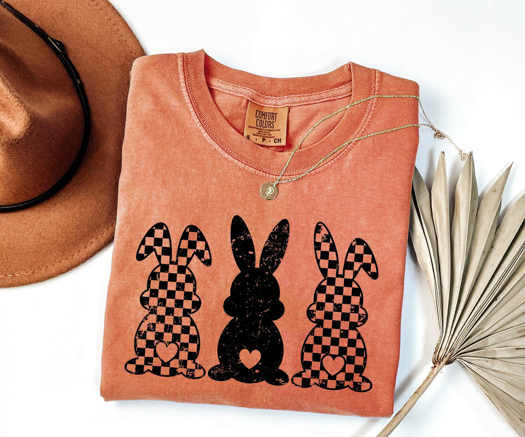 Comfort Colors® Retro Checkered Easter Bunny Shirt, Cute Womens Easter Shirt, Happy Easter Day Gift, Rabbit Shirt, Trendy Easter Graphic Tee