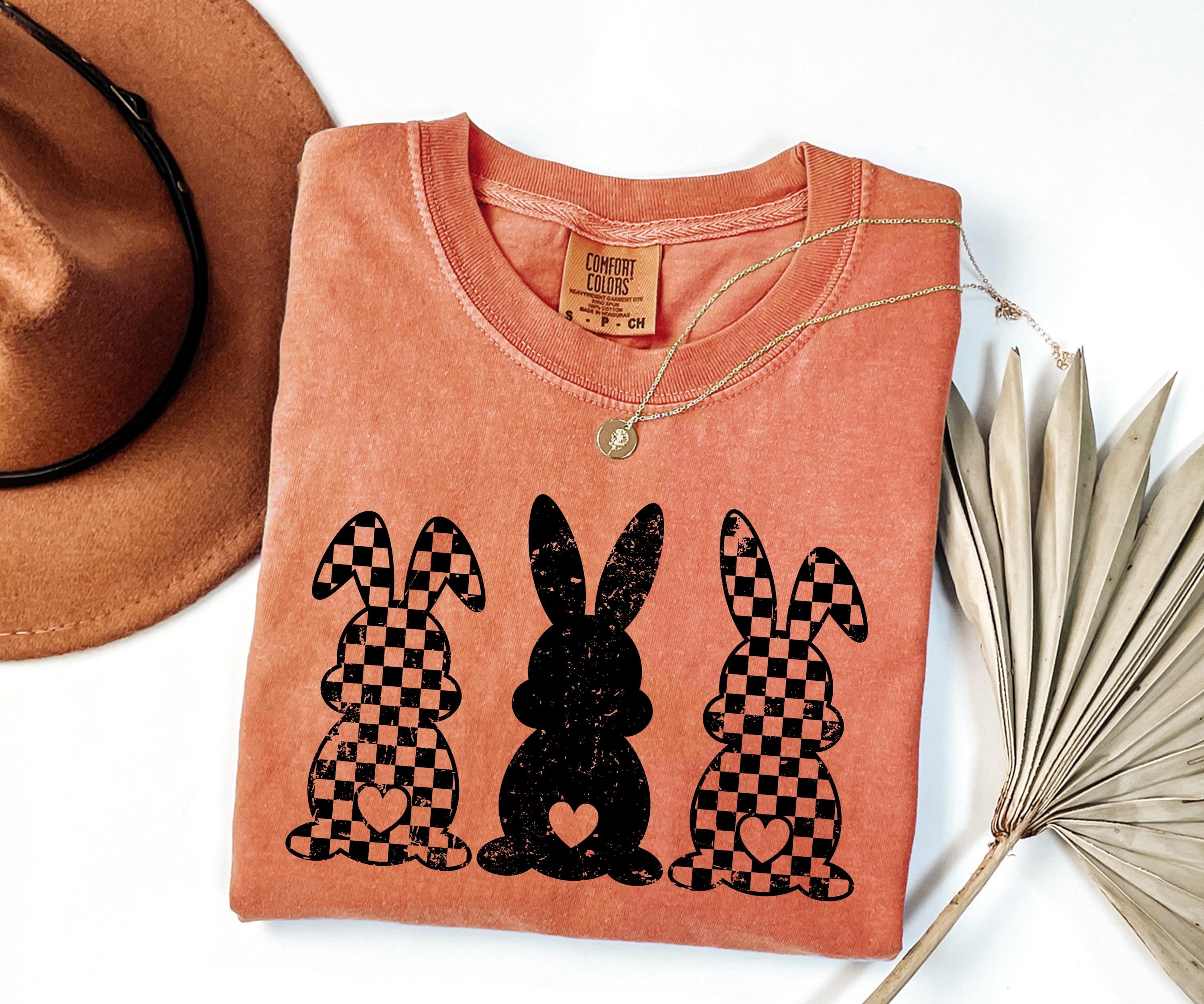 Comfort Colors® Retro Checkered Easter Bunny Shirt, Cute Womens Easter Shirt, Happy Easter Day Gift, Rabbit Shirt, Trendy Easter Graphic Tee