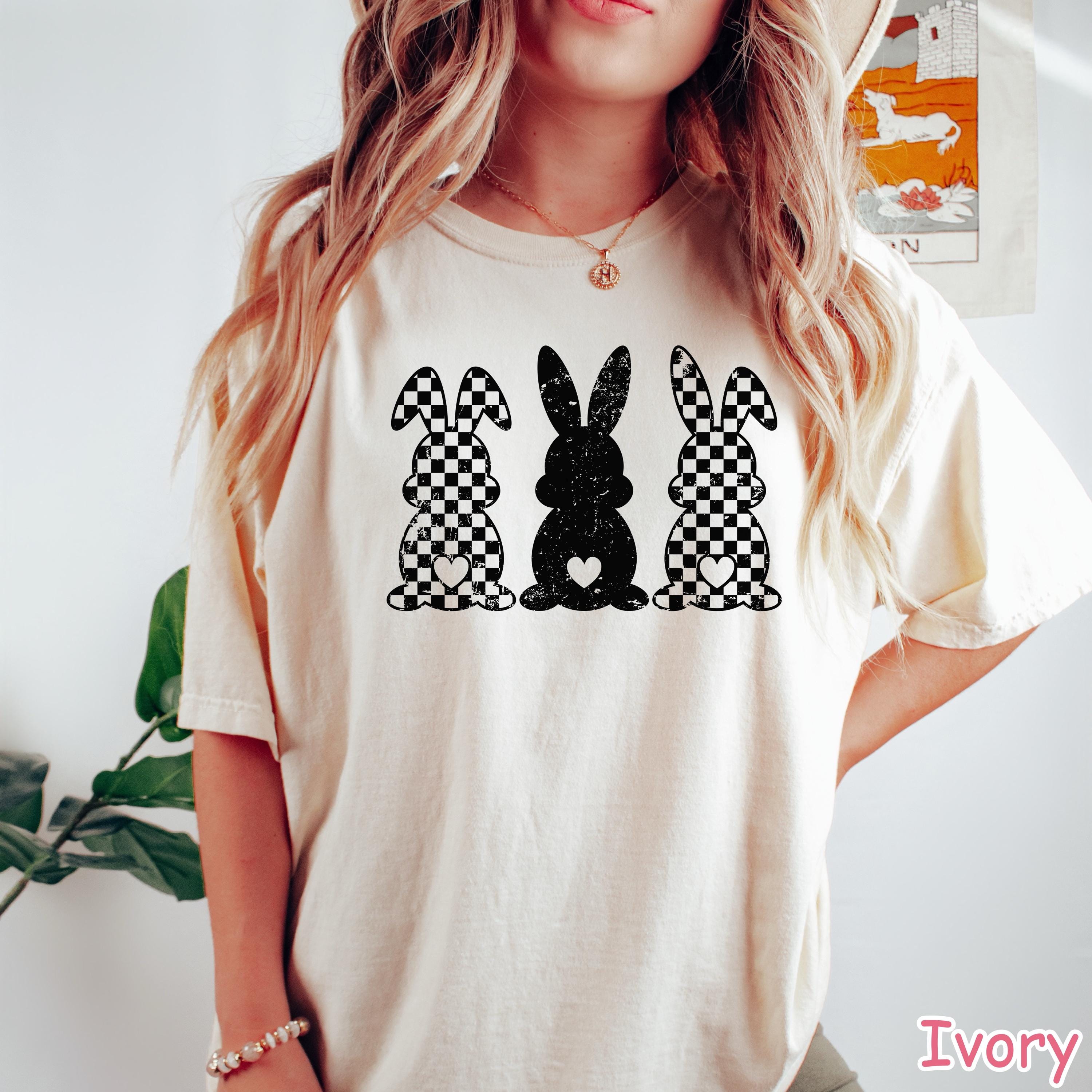 Comfort Colors® Retro Checkered Easter Bunny Shirt, Cute Womens Easter Shirt, Happy Easter Day Gift, Rabbit Shirt, Trendy Easter Graphic Tee