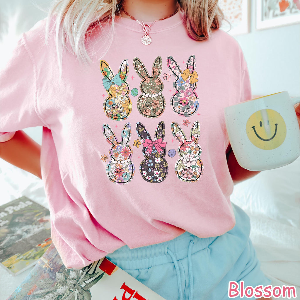 Comfort Colors® Boho Floral Bunny Shirt Coquette Bow Easter Shirt for Women Girly Easter Gift Happy Easter Shirt Spring Floral Bunnies Shirt