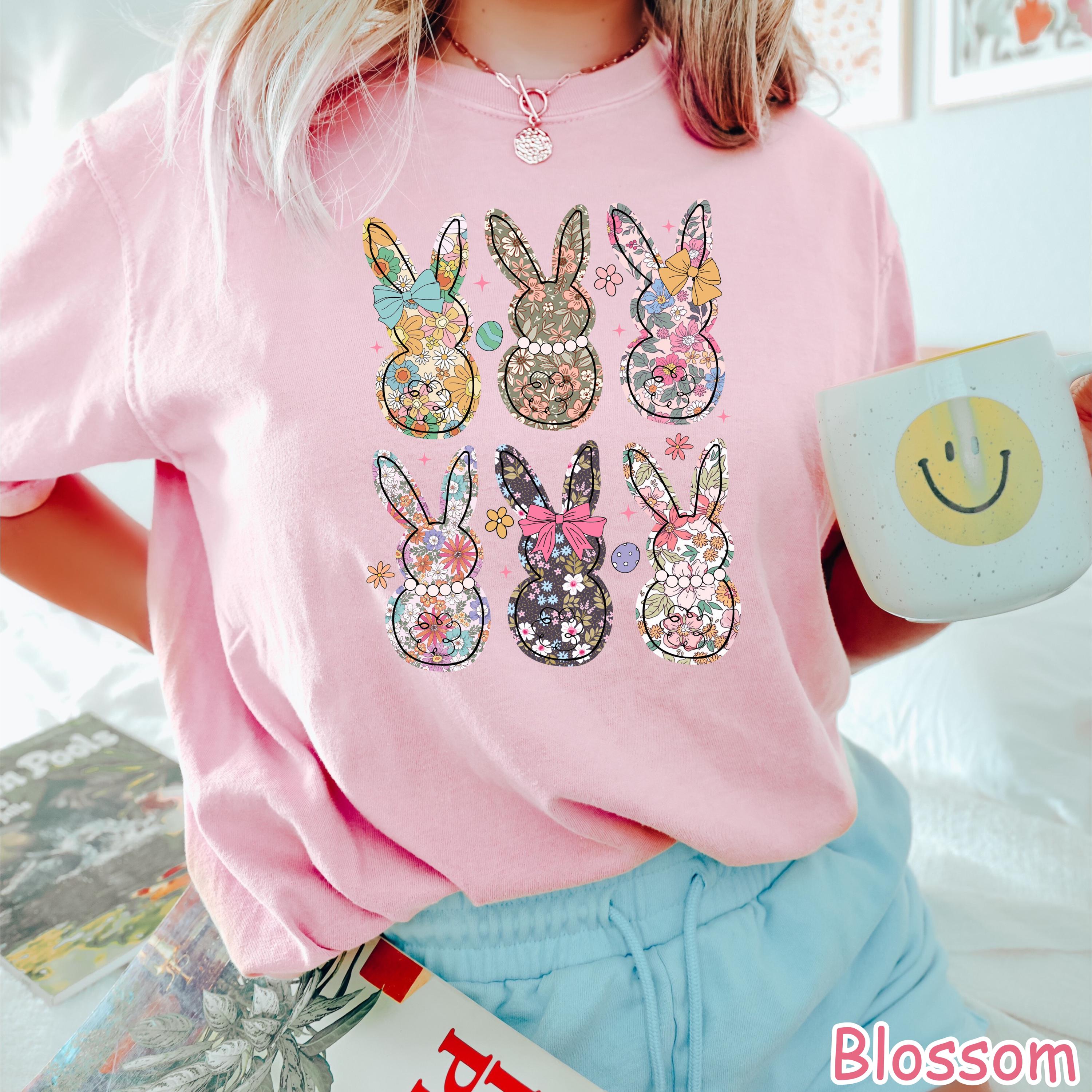 Comfort Colors® Boho Floral Bunny Shirt Coquette Bow Easter Shirt for Women Girly Easter Gift Happy Easter Shirt Spring Floral Bunnies Shirt