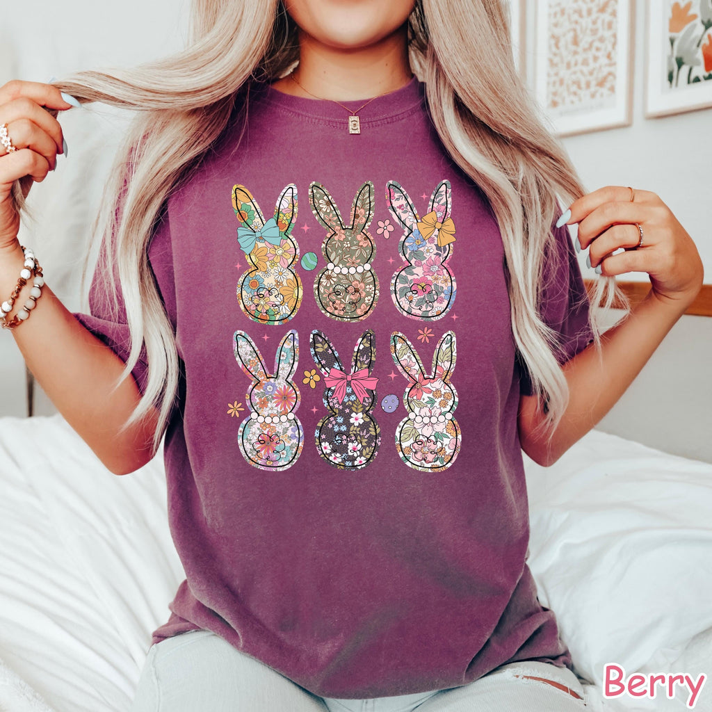 Comfort Colors® Boho Floral Bunny Shirt Coquette Bow Easter Shirt for Women Girly Easter Gift Happy Easter Shirt Spring Floral Bunnies Shirt