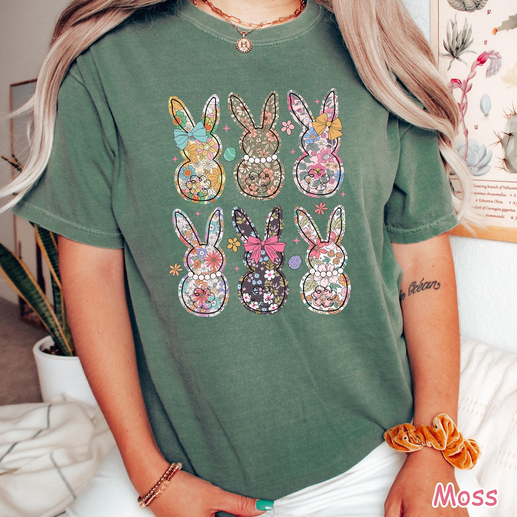 Comfort Colors® Boho Floral Bunny Shirt Coquette Bow Easter Shirt for Women Girly Easter Gift Happy Easter Shirt Spring Floral Bunnies Shirt