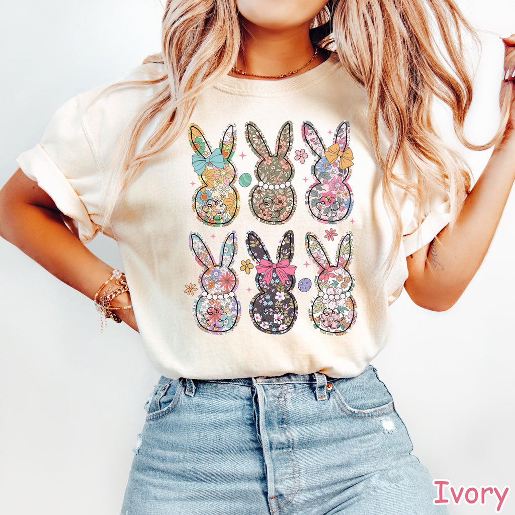 Comfort Colors® Boho Floral Bunny Shirt Coquette Bow Easter Shirt for Women Girly Easter Gift Happy Easter Shirt Spring Floral Bunnies Shirt