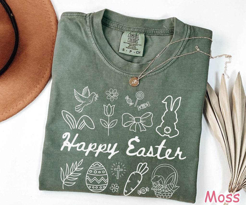 Comfort Colors® Happy Easter Day Shirt, Cute Easter Shirt for Women, Retro Easter Bunny Shirt, Floral Easter Shirt, Coquette Bow Easter Gift