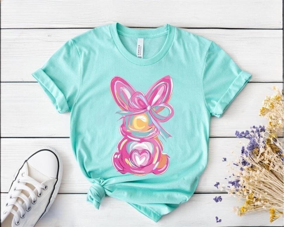 Brushstroke Bunny Easter Shirt, Bunny Coquette Bow T Shirt, Pink bunny easter Shirt, retro easter Shirt, Girls easter Shirt