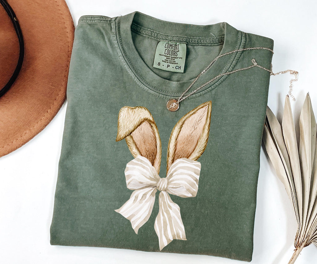 Comfort Colors® Coquette Bow Bunny Shirt, Cute Easter Shirt for Women, Coquette Bow Rabbit Shirt, Happy Easter Day Gift, Retro Easter Shirt