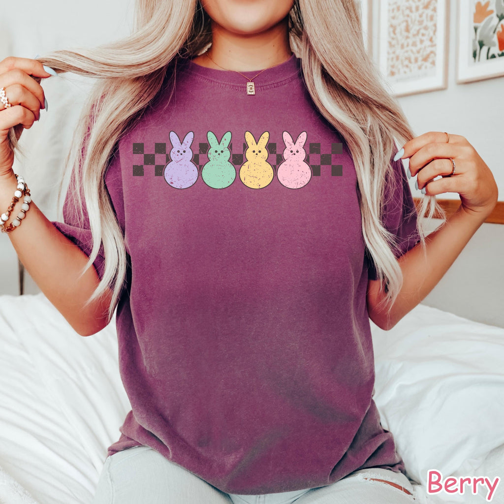 Comfort Colors® Retro Checkered Bunny Peeps Shirt, Womens Easter Bunnies Shirt,  Cute Easter Gift Easter Day Teacher Gift Happy Easter Shirt