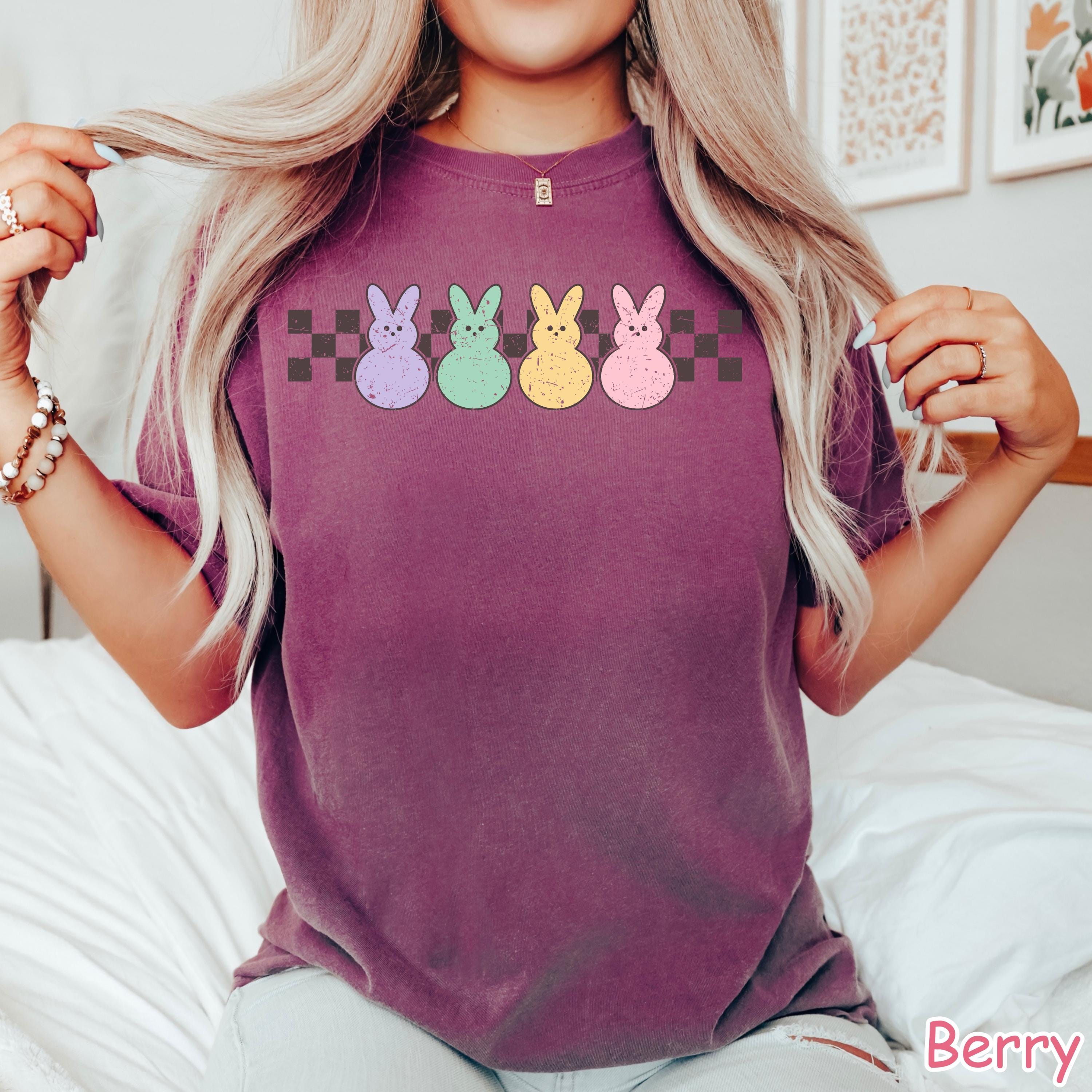 Comfort Colors® Retro Checkered Bunny Peeps Shirt, Womens Easter Bunnies Shirt,  Cute Easter Gift Easter Day Teacher Gift Happy Easter Shirt