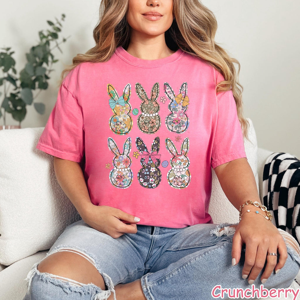 Comfort Colors® Boho Floral Bunny Shirt Coquette Bow Easter Shirt for Women Girly Easter Gift Happy Easter Shirt Spring Floral Bunnies Shirt