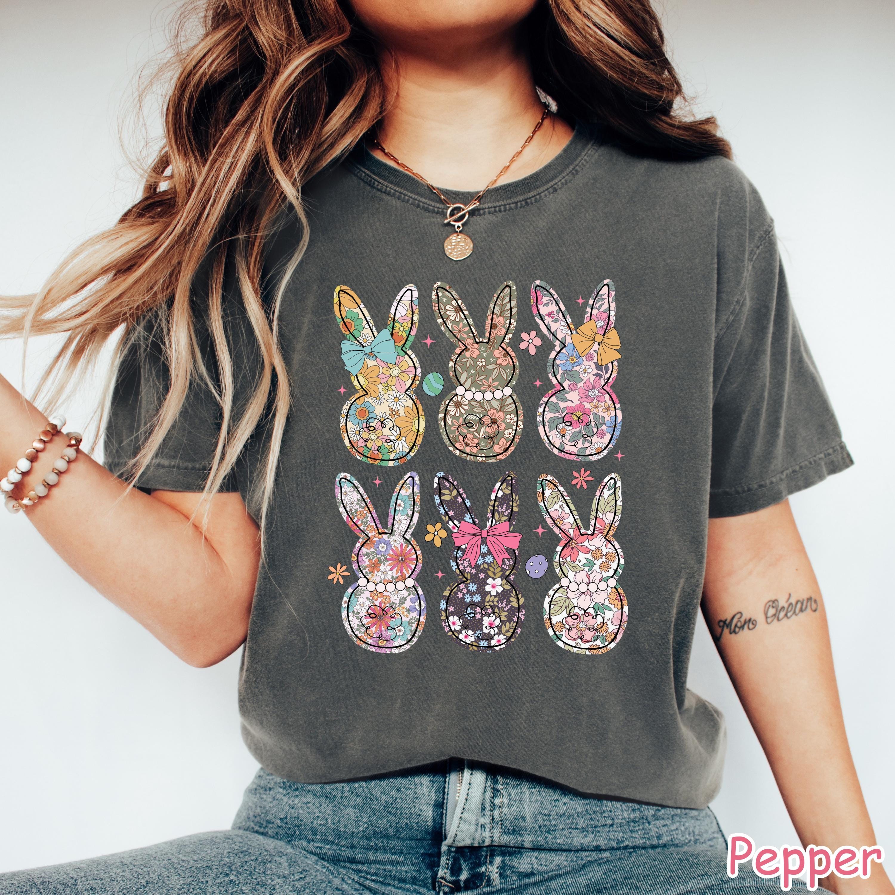 Comfort Colors® Boho Floral Bunny Shirt Coquette Bow Easter Shirt for Women Girly Easter Gift Happy Easter Shirt Spring Floral Bunnies Shirt