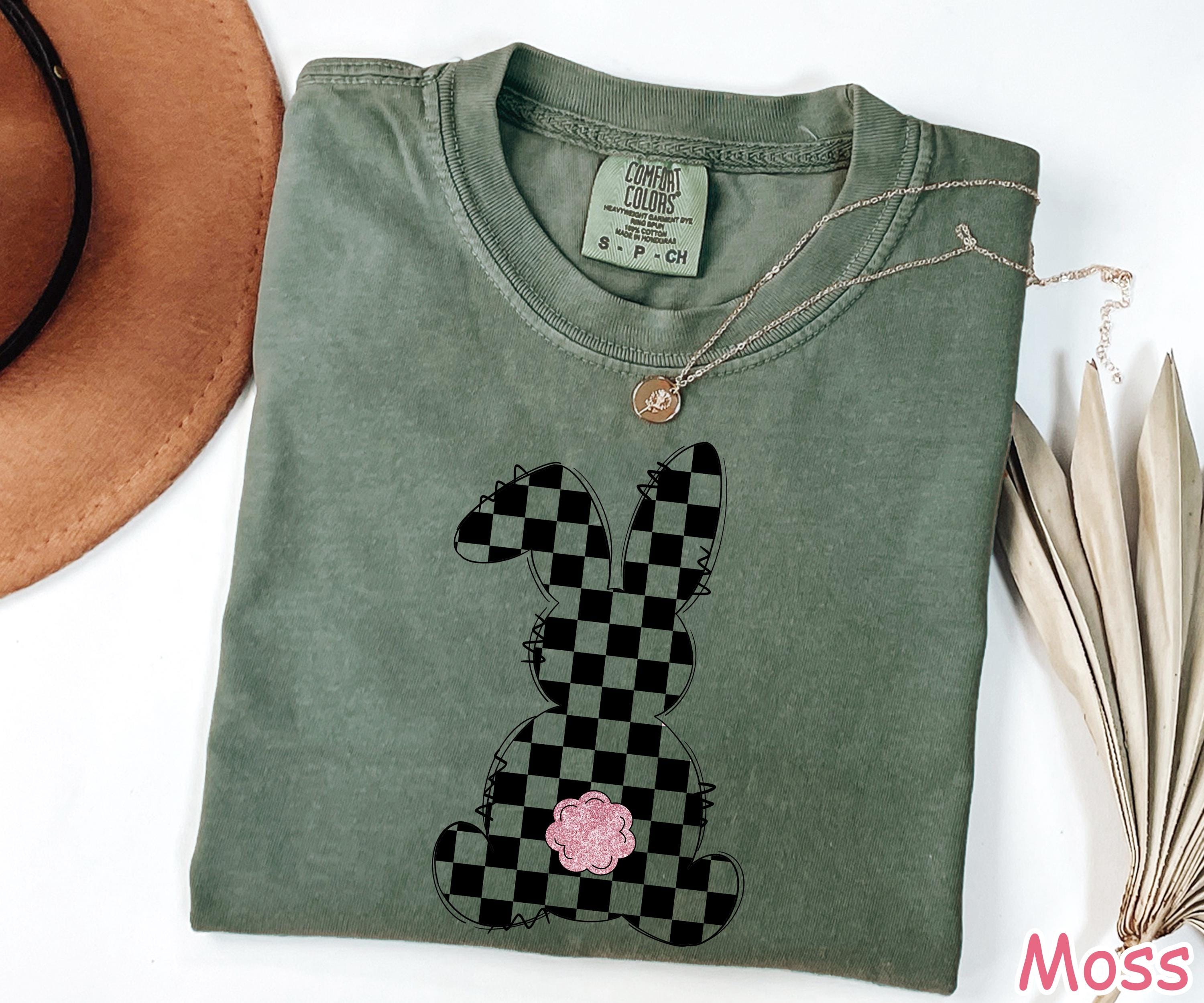 Comfort Colors® Retro Checkered Grunge Bunny Shirt, Cute Womens Easter Shirt,  Happy Easter Gift, Easter Day Shirt Trendy Easter Graphic Tee
