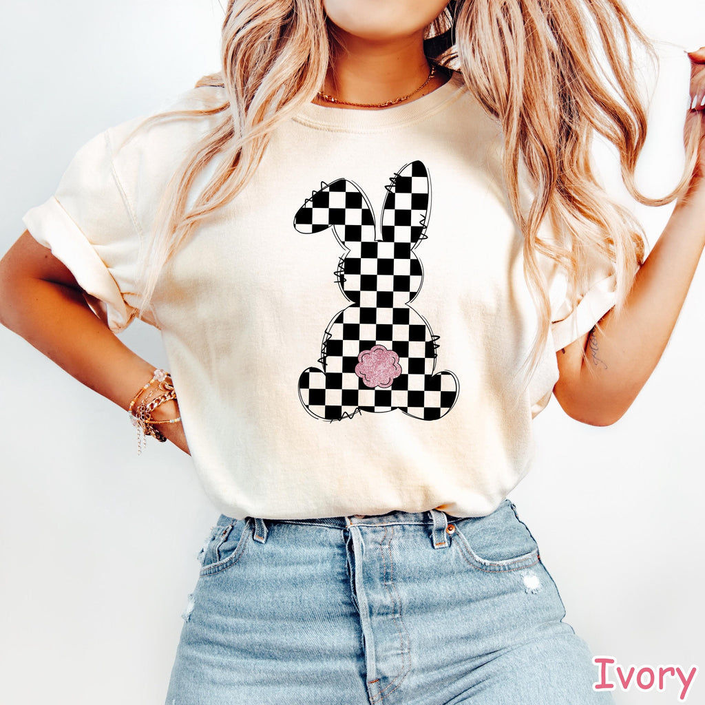 Comfort Colors® Retro Checkered Grunge Bunny Shirt, Cute Womens Easter Shirt,  Happy Easter Gift, Easter Day Shirt Trendy Easter Graphic Tee