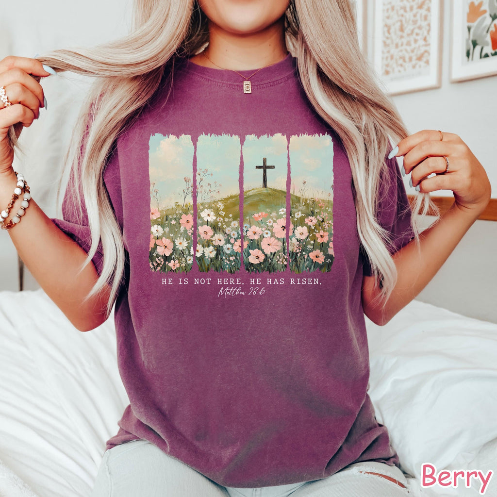 Comfort Colors® He Is Risen Easter Shirt, Floral Christian Shirt, Jesus Easter Shirt Religious Gift for Women Easter Faith Shirt Bible Verse