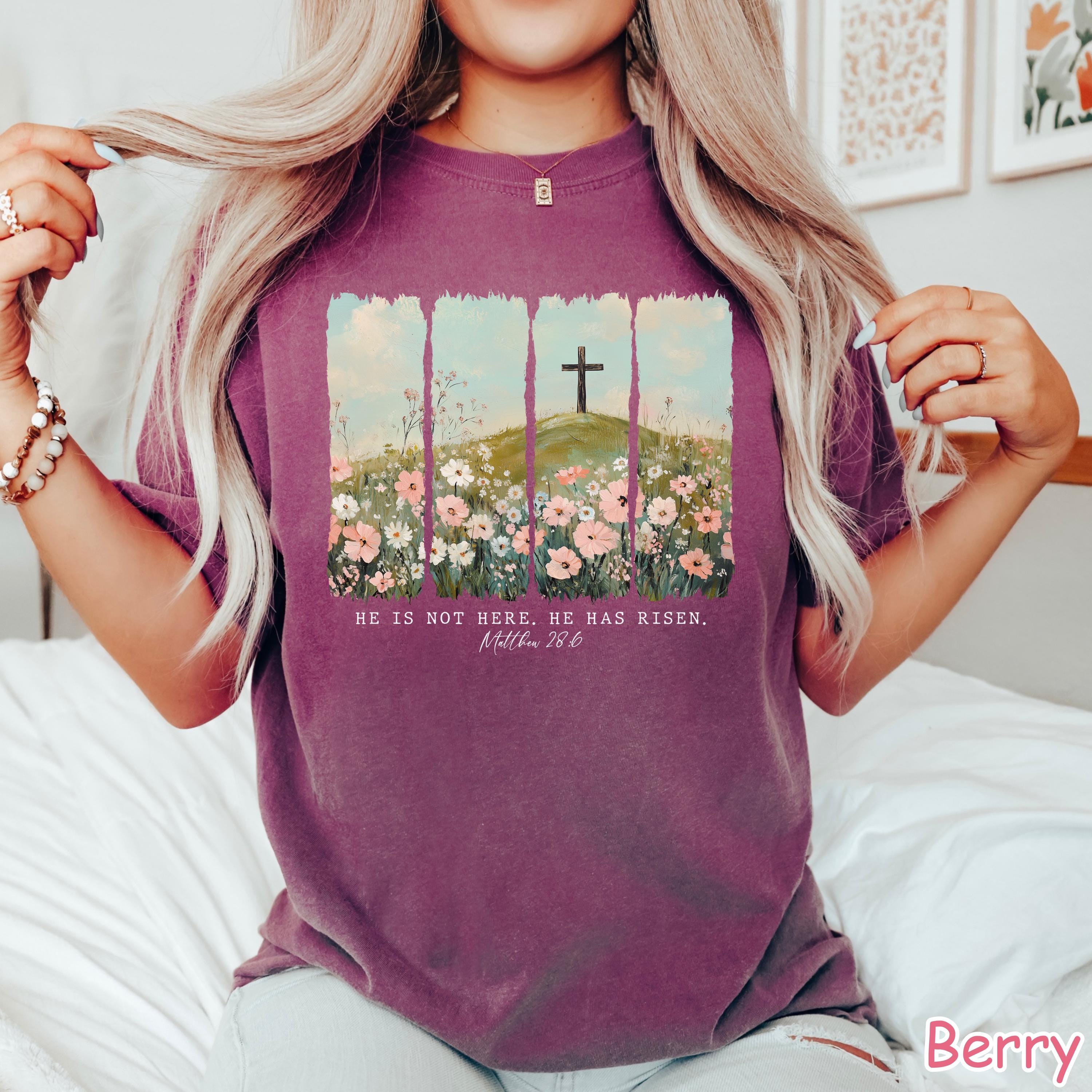 Comfort Colors® He Is Not Here, He Has Risen Shirt, Vintage Floral Christian Easter Shirt, He Is Risen Bible Verse Tee, Jesus Easter Shirt