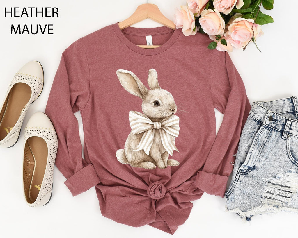 Bow Coquette Rabbit Shirt, Ladies Easter Bunny Shirt, Watercolor Easter Bunny, Brown Bunny Ears, Easter Shirts For Women Tee, Rabbit T-shirt
