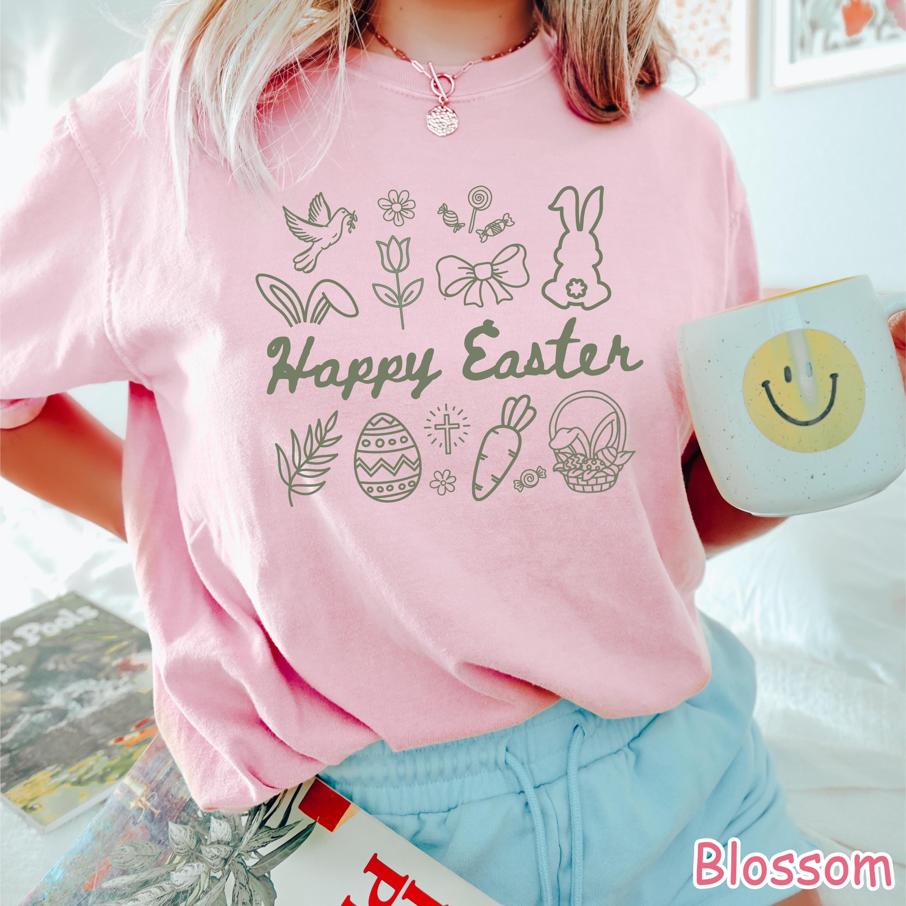 Comfort Colors® Happy Easter Day Shirt, Cute Easter Shirt for Women, Retro Easter Bunny Shirt, Floral Easter Shirt, Coquette Bow Easter Gift