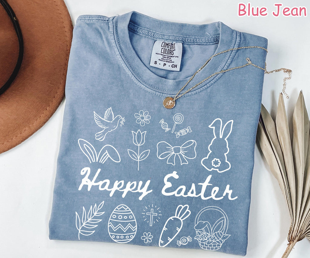 Comfort Colors® Happy Easter Day Shirt, Cute Easter Shirt for Women, Retro Easter Bunny Shirt, Floral Easter Shirt, Coquette Bow Easter Gift