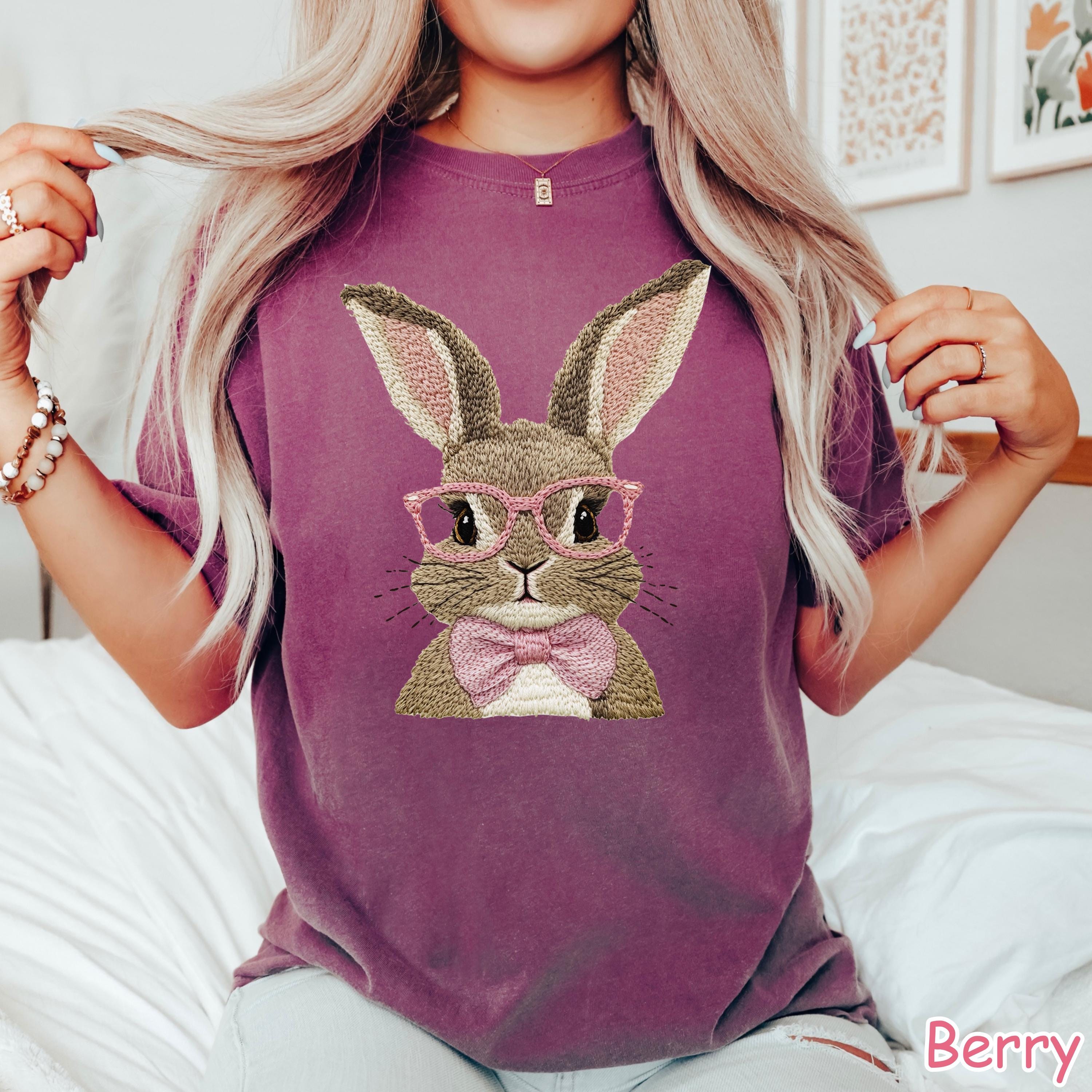 Comfort Colors Faux Embroidered Bunny T-Shirt, Rabbit with Glasses Tee, Easter Shirt