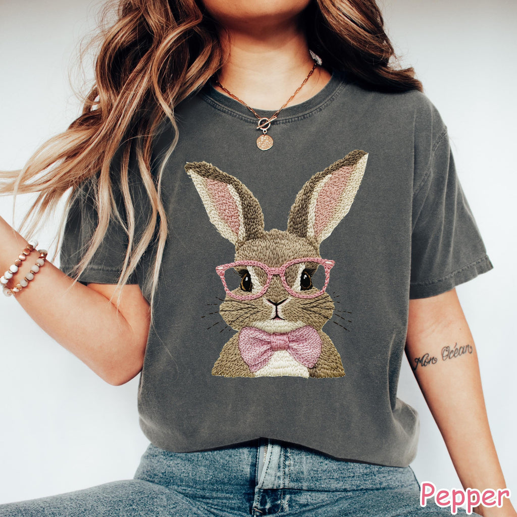 Comfort Colors Faux Embroidered Bunny T-Shirt, Rabbit with Glasses Tee, Easter Shirt