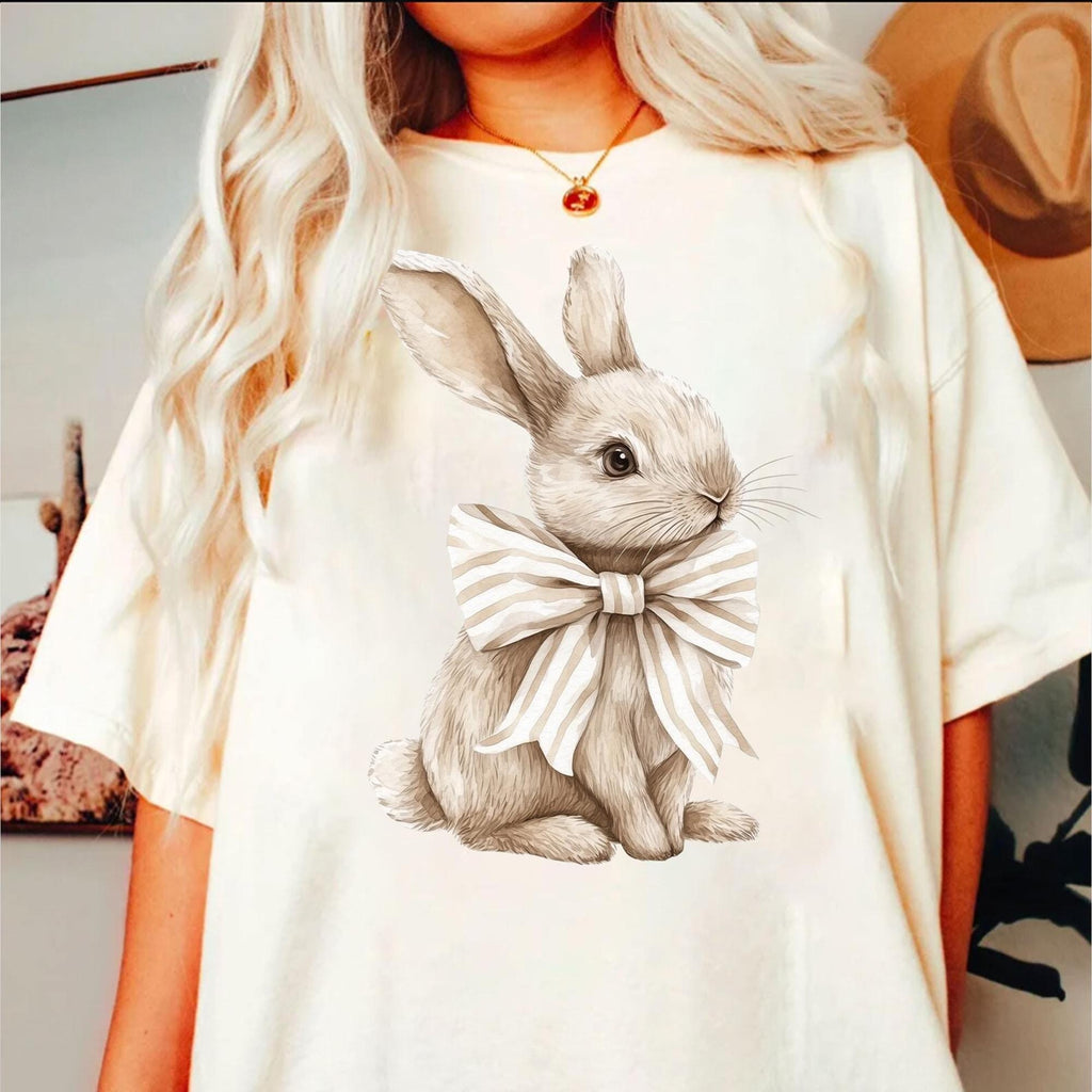 Bow Coquette Rabbit Shirt, Ladies Easter Bunny Shirt, Watercolor Easter Bunny, Brown Bunny Ears, Easter Shirts For Women Tee, Rabbit T-shirt