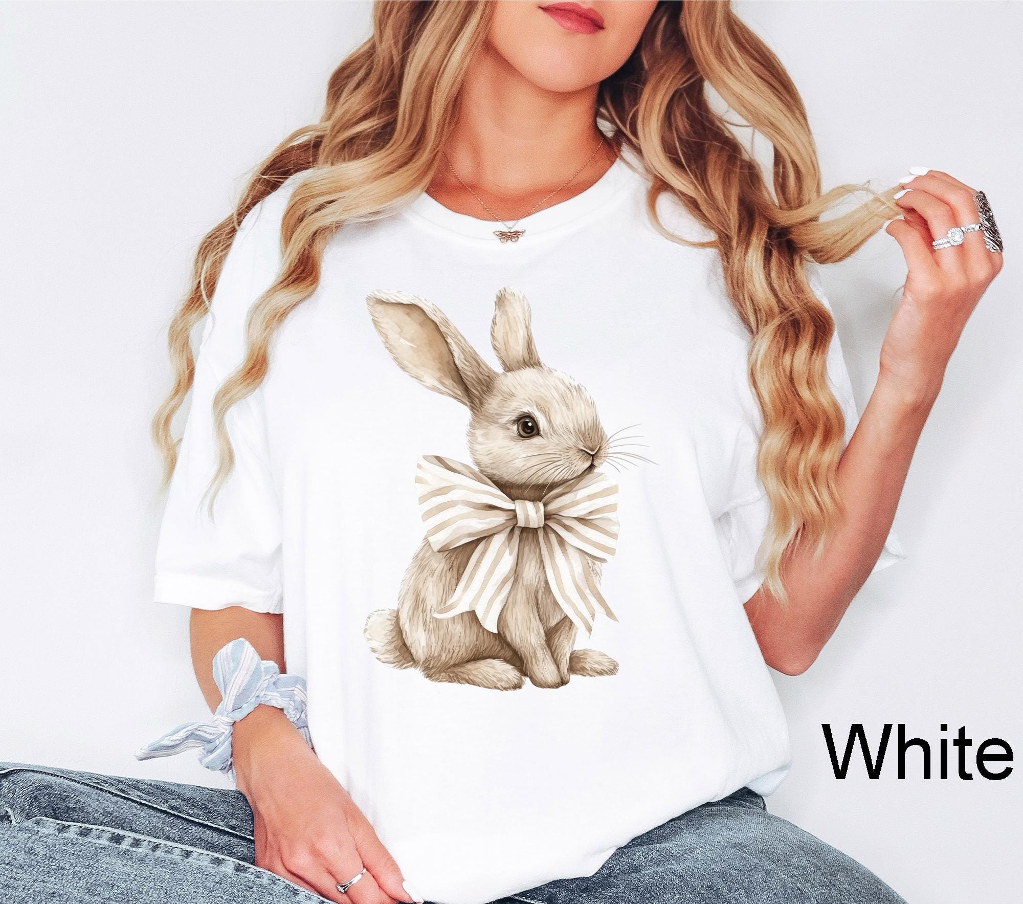 Bow Coquette Rabbit Shirt, Ladies Easter Bunny Shirt, Watercolor Easter Bunny, Brown Bunny Ears, Easter Shirts For Women Tee, Rabbit T-shirt