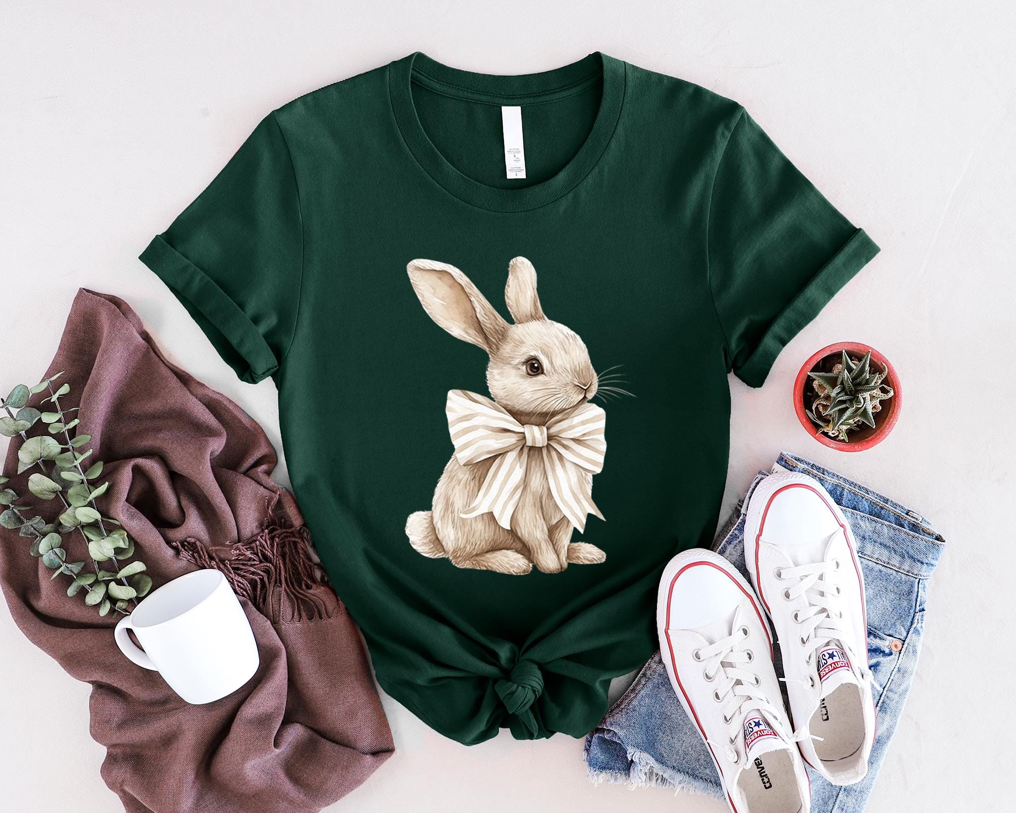 Bow Coquette Rabbit Shirt, Ladies Easter Bunny Shirt, Watercolor Easter Bunny, Brown Bunny Ears, Easter Shirts For Women Tee, Rabbit T-shirt