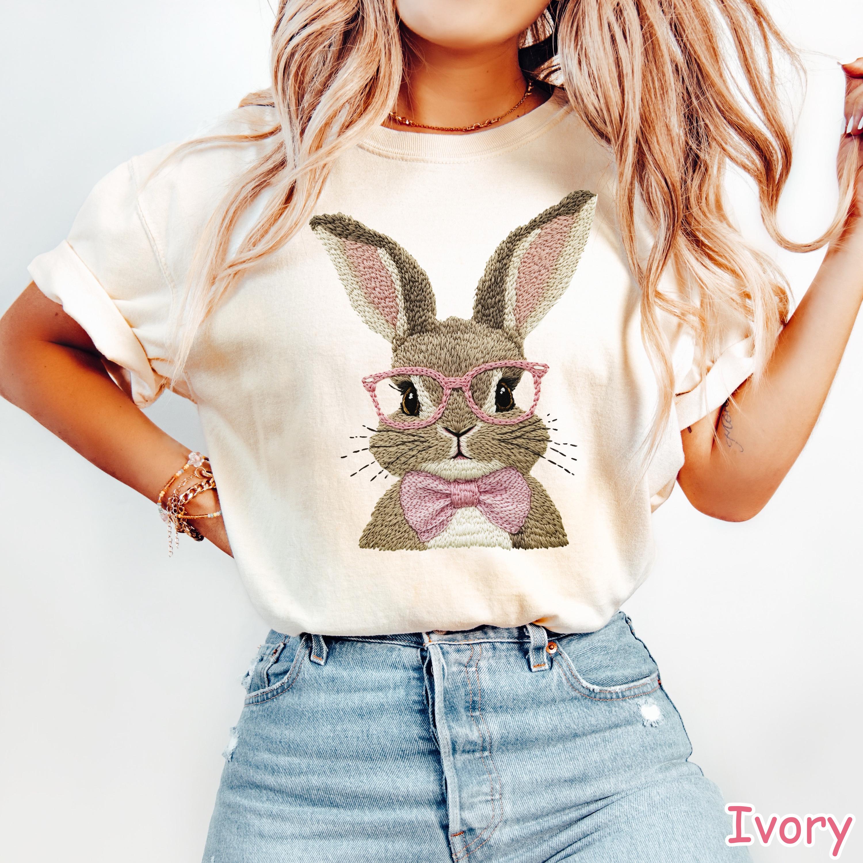 Comfort Colors Faux Embroidered Bunny T-Shirt, Rabbit with Glasses Tee, Easter Shirt